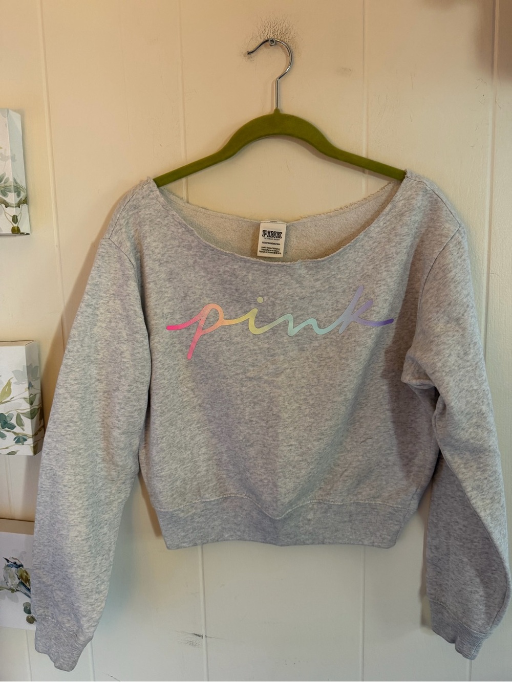Victoria’s Secret PINK XS Gray Rainbow Logo Cropped Off Shoulder Sweatshirt